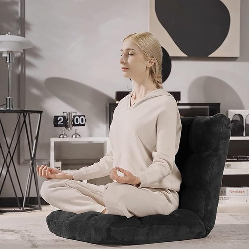 14-Position Floor Chair with Back Support - Lazy Sofa with Soft Coral Fleece Folding Gaming Seat Couch Recliner for Reading Meditating Yoga (Black)