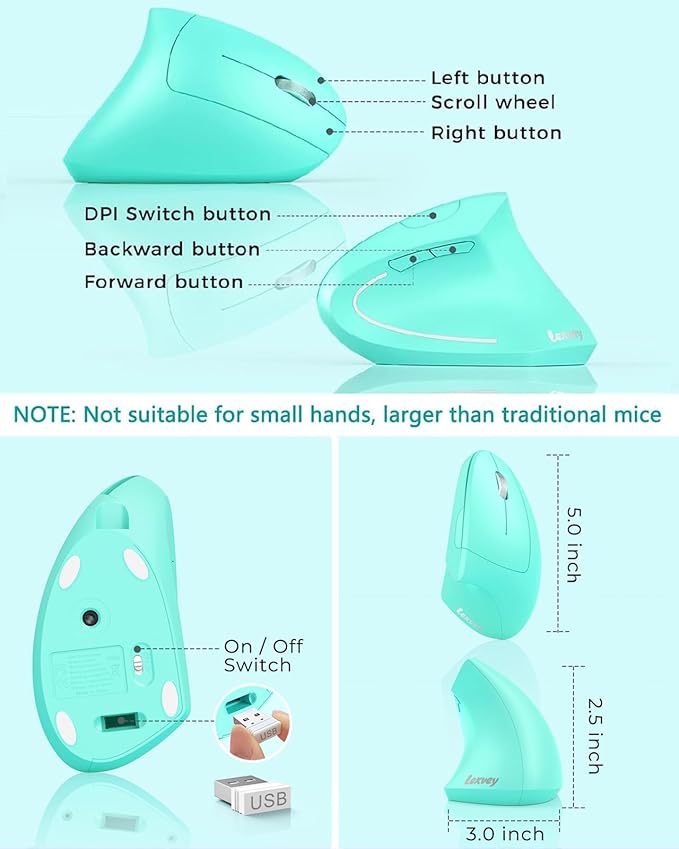 Lekvey Ergonomic Mouse Vertical Wireless Mouse Rechargeable 2.4 GHz Optical Carpal Tunnel Mouse : 800/1200 / 1600 DPI 6 Buttons for Laptop PC Mac Computer Desktop Notebook etc Green