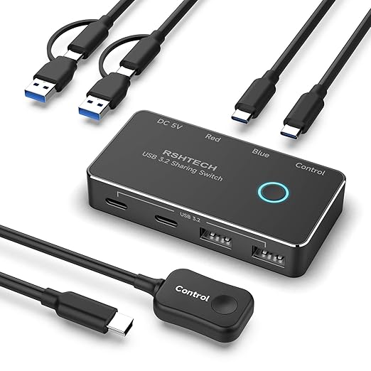 RSHTECH USB 3.2/USB C Switch 10Gbps 2 Computers Share 4 USB 3.2 Ports(2 USB-A+2 USB-C) USB Switcher Selector with 2 Cables and Controller for PC Laptop (No Video Output or Charging)