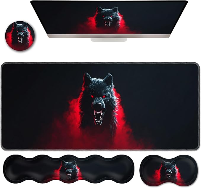 Ergonomic Keyboard Wrist Rest &amp Mouse Pad Wrist Rest SetXL Gaming Desk Mat 31.5x 11.8Non-Slip BaseMemory FoamEasy Typing Pain Relief for Office &amp HomeWolf Red Smoke