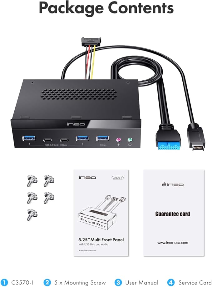 Ineo 5.25 Front Panel USB 3.2 Gen 2 Hub - 2X 10G USB-C 2X 10G USB-A 1x USB 3.0 Type-A Audio &amp Mic Jack [3570II]