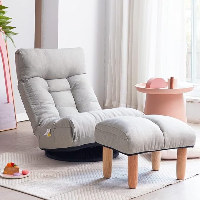 Lazy Sofa with Footstool Swivel Tatami Reclining Chair Comfortable Gaming Chair with Adjustable Headrest Backrest Floor Chair for Gaming Reading and Relaxing