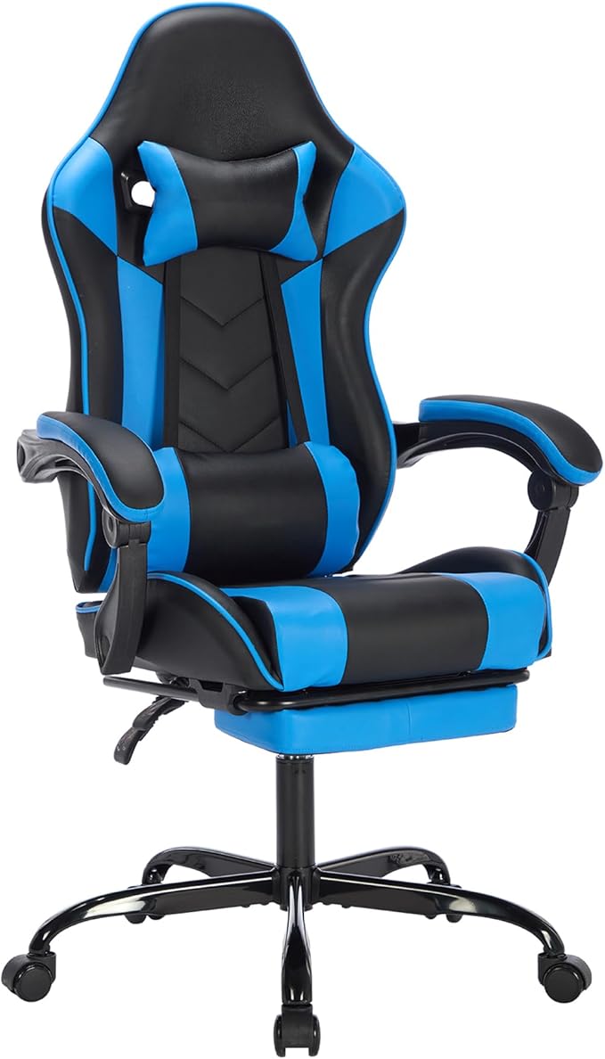 Ergonomic Gaming Chair Racing Style - High Back Gamer Chair with Footrest Adjustable Lumbar Massage Linkage Armrests &amp 90-135° Recline - Leather Computer Game Chair for Adults Black+Blue