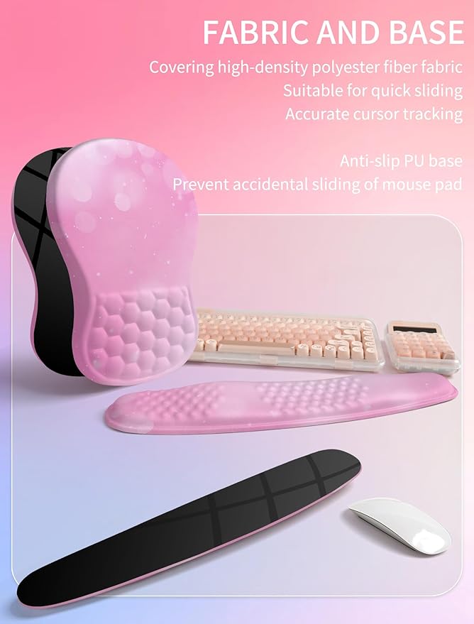 Hokafenle 2in1 Combination Wave Keyboard Wrist Rest and Ergonomic Curvature Mouse Pad Wrist Support for Relieve Wrist Pain Filled with Soft Cushion Memory Foam Romantic Pink