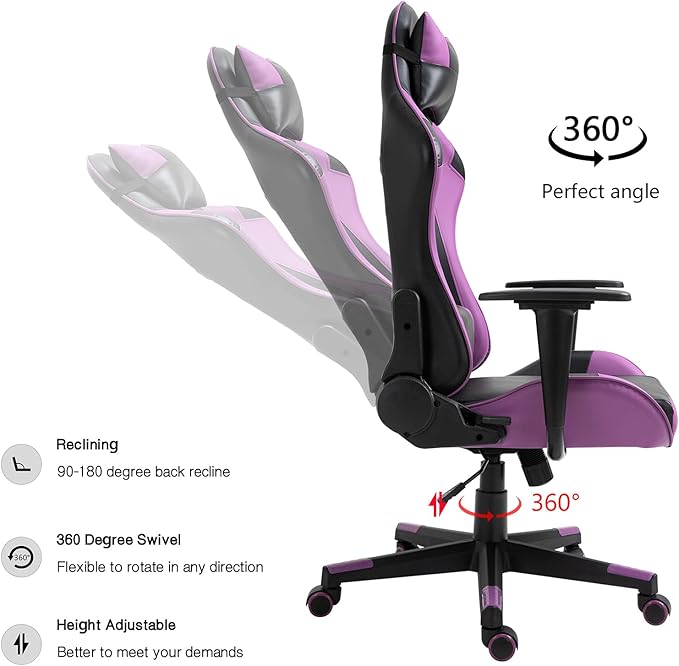 Modern-Depo Gaming Chair Recliner Ergonomic Swivel Office Computer Desk Chair with Headrest Lumbar Support Black Purple