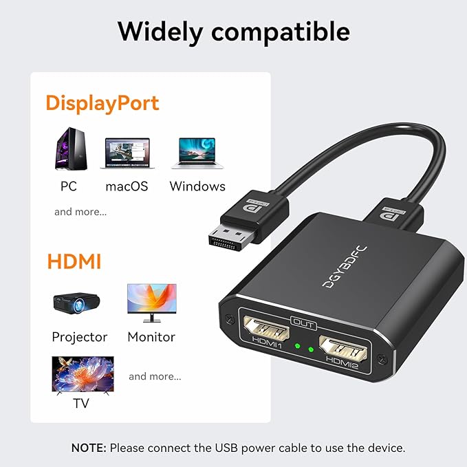 DisplayPort to Dual HDMI Adapter 1 in 2 Out 4K60Hz Display Port DP 1.4 to 2 HDMI Splitter for PC Graphics Card Monitor Supports Windows Extended Mode [MacOS Only Mirror Mode] No DP Cables