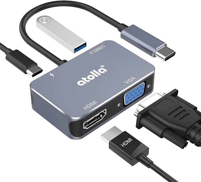 Atolla USB C to HDMI 4K@30Hz Adapter - 1080P VGA &amp USB 3.0 High Speed Ports + 60W PD for MacBook Pro &amp More Type C Devices