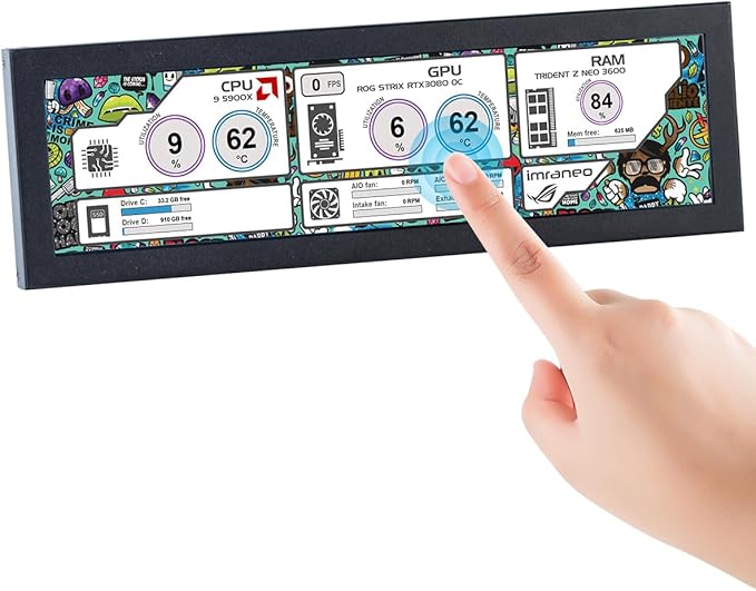 8.8 Inch Touchscreen Computer Secondary Screen 1920x480 FHD IPS LCD Display for PC Case AIDA64 CPU GPU Temperature Monitor for Raspberry Pi