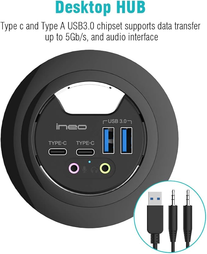 ineo Grommet Desk-Fit (Diameter 2.3 to 2.4) 2Type A + 2Type C with 3.5mm Audio Mic Jack + 3.2 Expandable case (Power is not Included)[THC06 - VI Plus]