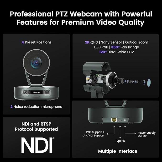NEARITY 2K Conference Room Camera System 2X Scalable Conference Speakerphones POE Daisy Chain Noise Suppression PTZ Webcam w/Optical Zoom for Video Conferencing/Streaming in Small to Medium Rooms