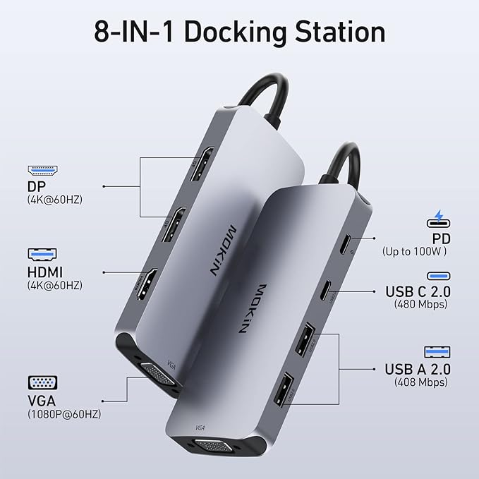 USB C Docking Station Dual DisplayPort 8 in 1 USB Hub with 2 DP HDMI VGA USB C 2.0 A 2.0 PD Charging Port Multi Monitor Adapter for Dell/HP/Lenovo Laptops