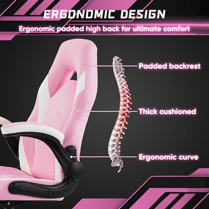Gaming Chair PU Leather Computer Chair Ergonomic Office Chair with Lumbar Support Height Adjustable Rolling Desk Chairs with Flip-up Armrests (Pink+White)