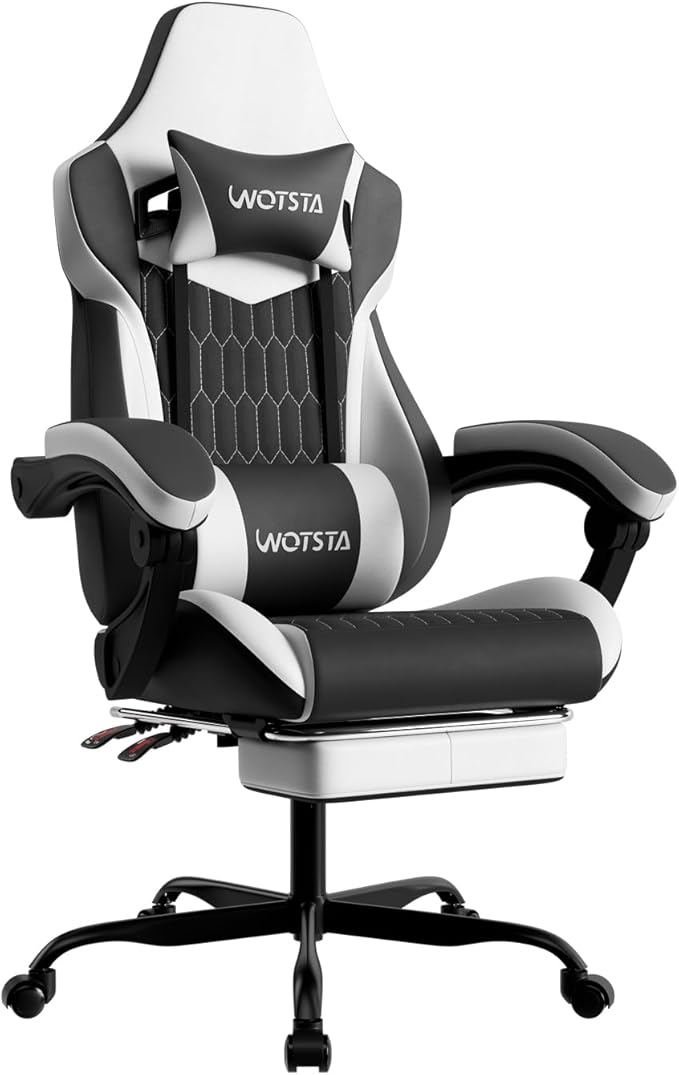 Gaming Chair with Footrest High Back Gaming Chairs PVC Leather Ergonomic Gamer Chair with Adjustable Headrest Lumbar Support Racing Style Video Gaming Chair for Office/Home (Black White)