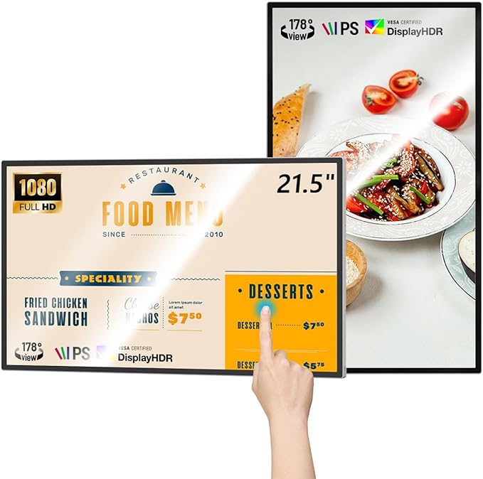 MWE 21.5 inch Wall Mount Digital Signage FHD Touchscreen Monitor Android 14 Multi-Touch Screen Smart Split Commercial Advertising Display Time Switch CMS Management HD-MI/ USB/ WiFi/ for Windows