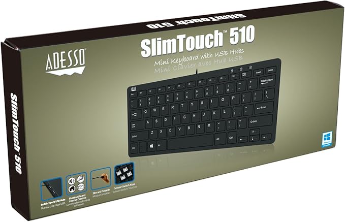 ADESSO Adaptec SlimTouch 510 Mini Keyboard with USB Hubs (AKB-510HB) Black