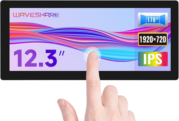Waveshare 12.3inch Capacitive Touch Screen LCD Compatible with Raspberry Pi 5/4B/3B+/3B/2B/B+/A+/Zero/Zero W/WH/Zero 2W Series Boards 600 Cd/M²1920×720 HDMI IPS Toughened Glass Panel
