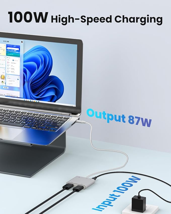 USB C to Dual HDTV Adapter Silver 19.7in Braided Cable with 4K@60Hz with 100W PD USB-A Support C to 2 HD Splitter Extended Display for Type C Devices (MacOS only Mirrors Same Screen)