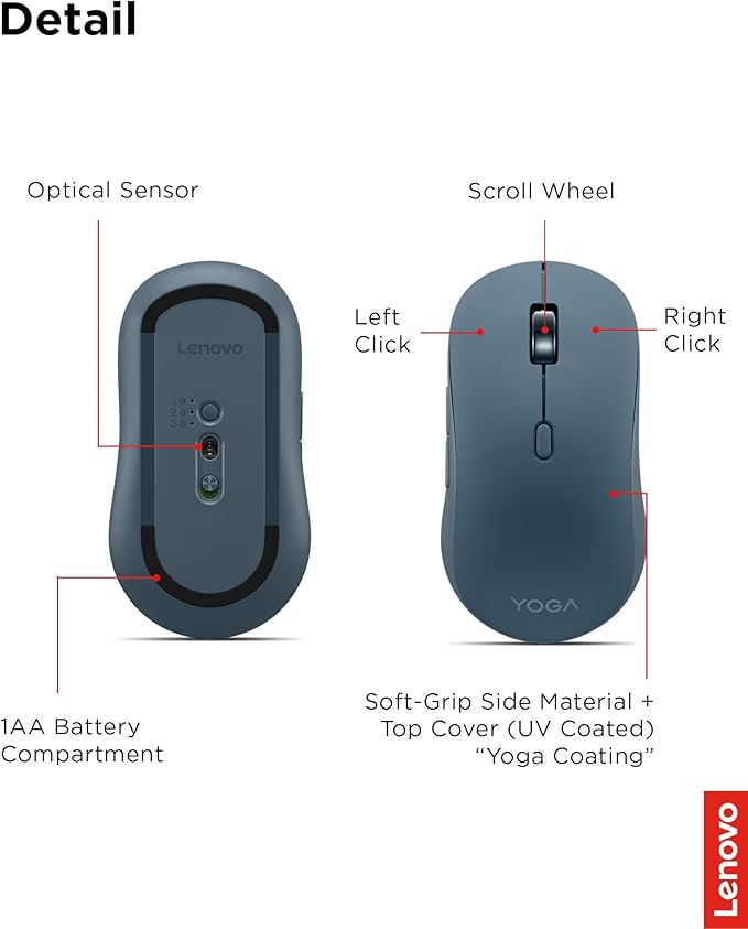 Lenovo Yoga Bluetooth Silent Mouse 3 Level DPI Adjustment 36 Month Battery Life Bluetooth 5.3 3 Device Paring Whisper Quiet Programmable Buttons Smooth Finish Tidal Teal