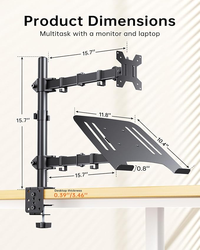 H&ampC(hcck&ampCllassp) Monitor and Laptop Mount Stand for 13 to 32 Screens Adjustable Monitor Arm Stand with Tray for 11-17” Laptop Holds 18lbs/Arm C-Clamp 75x75/100x100 VESA