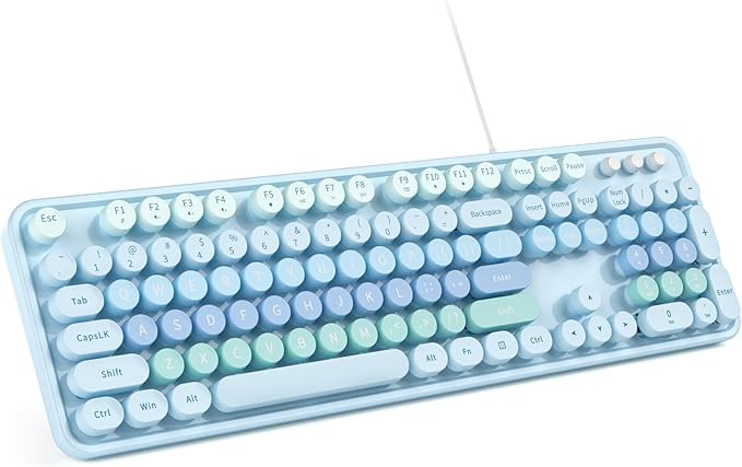 Large Print Keyboard Wired Full Size Wired Retro Round Keyboard with Foldable Stands Plug and Play for Laptop and Office PC- Blue Gradient