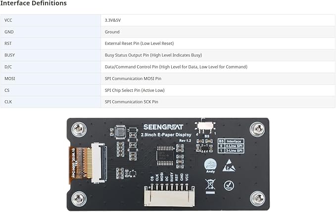 2.9 Inch E-Paper Display Monitor 296x128 Two Color E Ink Display for Raspberry Pi/Jetson Nano for Arduino Nucleo SPI Interface Epaper Screen Partial Refresh Support