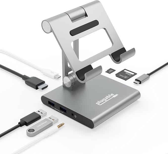 Plugable 8-in-1 USB C Hub for iPad with Stand 100W Pass-Through Charging USB C Docking Station for iPad 1x HDMI 2X USB Audio SD Driverless Compatible with Windows iPadOS Phones Tablets