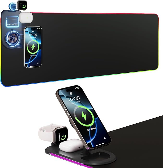 HAUTOCO Wireless Charging Mouse Pad 15W RGB Gaming Mousepad Waterproof Desk Mat with Phone Holder 35.4''x11.8'' Extra Large Desk Pad Non-Slip Base Computer Keyboard Mat for PC Laptop Black