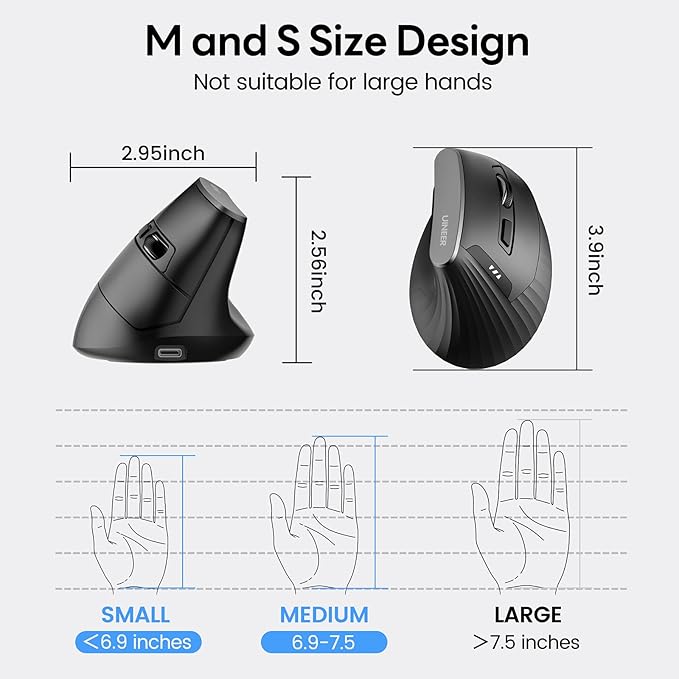 Uineer Vertical Mouse 2.4GHz Ergonomic Wireless Mouse 800/1200/1600/2400 Adjustable Dpi 6 Buttons Battery Powered Mouse for Laptop PC Mac Comfort and Reduced Wrist Strain (Black)