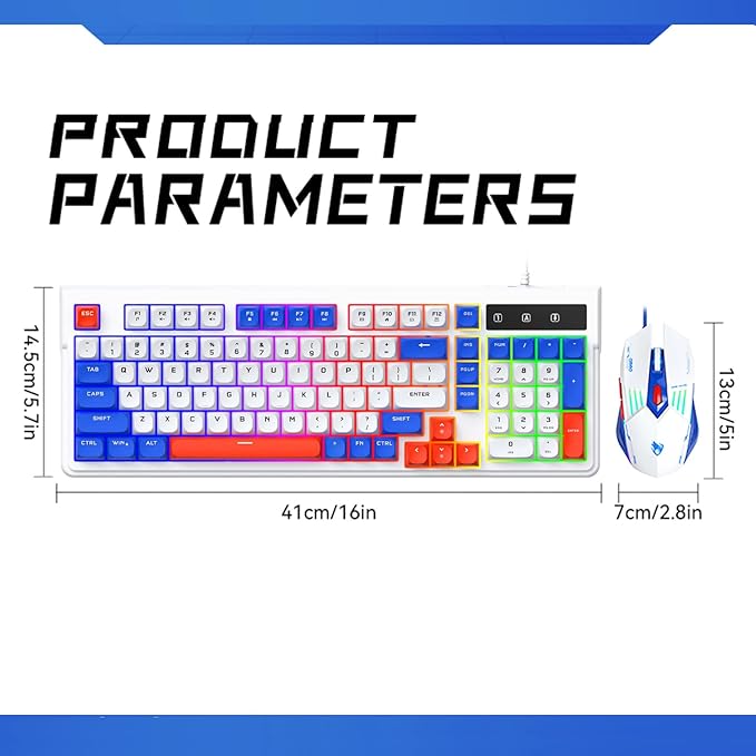 Wired Gaming Keyboard and MouseRainbow LED Mechanical Feeling Gaming Keyboard and 3600DPI Mouse Combo with 19-Keys Anti-Ghosting98keys Compact StylePlug &amp Play to PC LaptopWindows-White and B