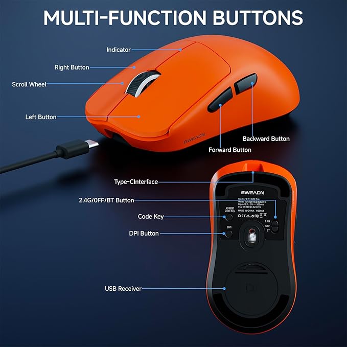 X23Pro Wireless Gaming Mouse 2.4G/BT5.0/USB-C Esports Gaming Mouse 800mAh Rechargeable Lightweight Mouse Gaming 12000 DPI Wireless Mouse with 6 Programmable ButtonsFor Laptop/PC/Mac Orange
