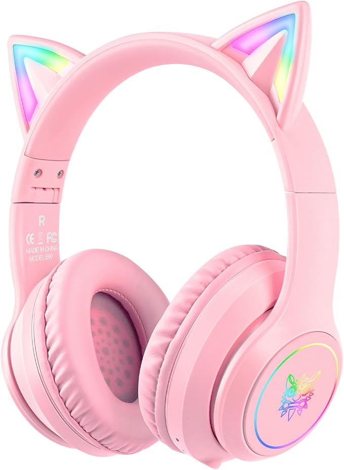 Pink Bluetooth Cat Ear Headphones for Kids &amp Adults Wireless &amp Wired Mode Foldable Headset with Mic - Clear Sound Quality - RGB LED Light for Girls School Gaming for Phone/Laptop/PC/Tablet