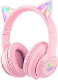 Pink Bluetooth Cat Ear Headphones for Kids &amp Adults Wireless &amp Wired Mode Foldable Headset with Mic - Clear Sound Quality - RGB LED Light for Girls School Gaming for Phone/Laptop/PC/Tablet