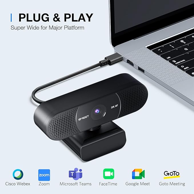 EMEET C960 2K Webcam with Microphone 2K QHD 2 Omnidirectional Mics PDAF Autofocus Streaming Camera with Privacy Cover Plug&ampPlay USB Webcam for Calls/Conference Zoom/Skype/YouTube Laptop/Desk