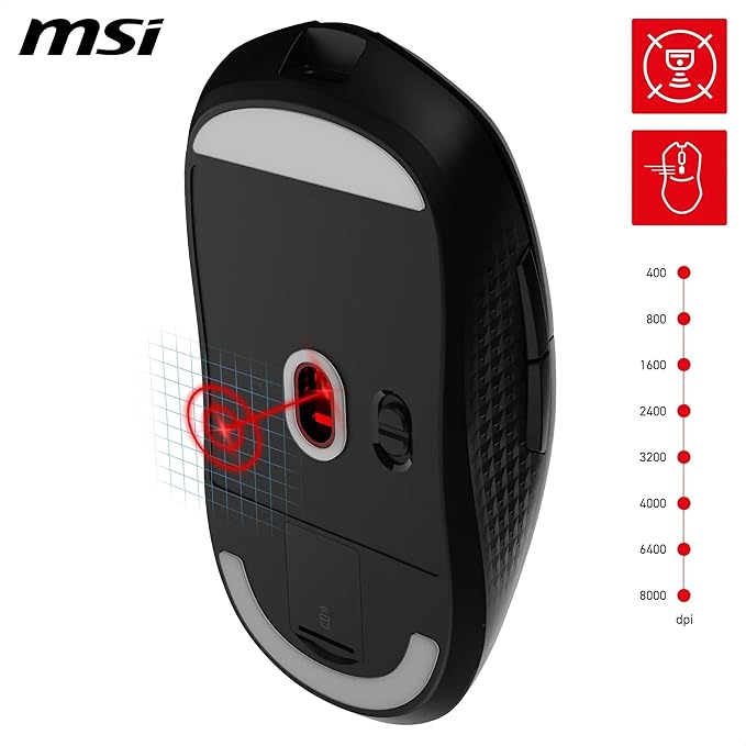 MSI Versa 300 Wireless Gaming Mouse - 8000 DPI Optical Sensor 1000 Hz Polling Rate Symmetrical 30M+ Click Kailh Micro Switches 6 Buttons 50-Hour Battery 1ms Latency RGB 60g - Wired/Wireless