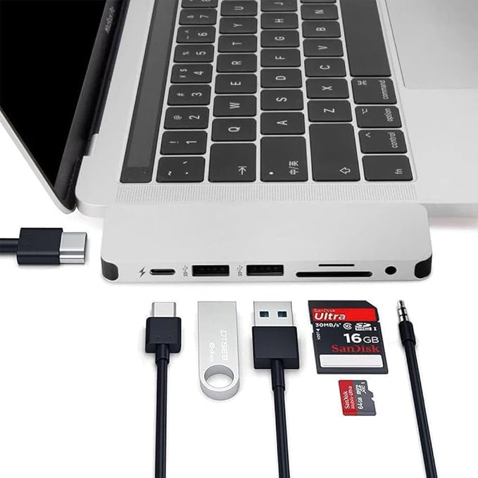 HyperDrive USB-C Hub Adapter Sanho Solo 7-in-1 Type C Dongle for MacBook Pro PC w USB-C Port: USBC 60W Power Delivery USBC 5Gbps Data 4K HDMI microSD/SD Card Reader 2xUSB 3.0 Audio Jack- Silver