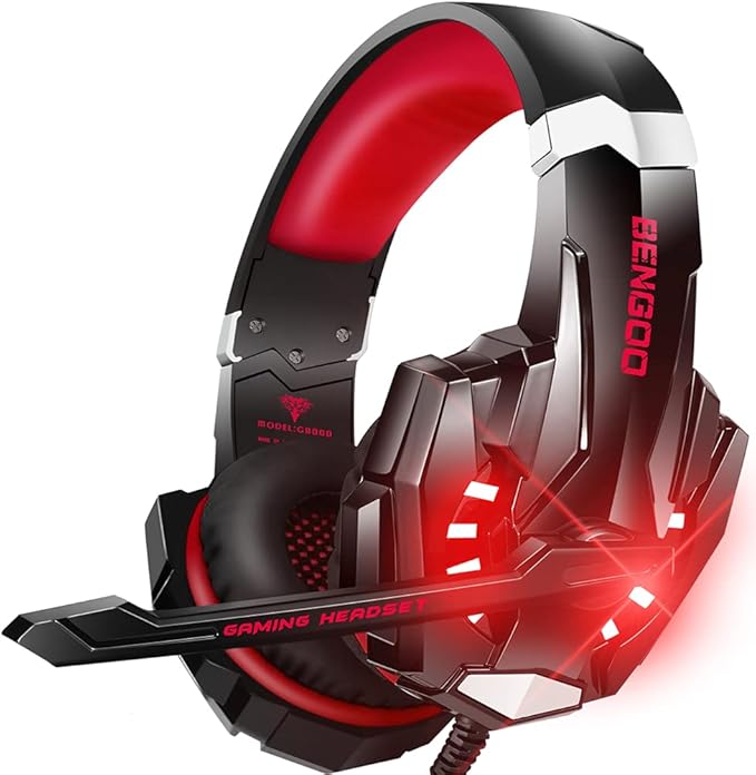 BENGOO Stereo Pro Gaming Headset for PS4 PC Xbox One Controller Noise Cancelling Over Ear Headphones with Mic LED Light Bass Surround Soft Memory Earmuffs for Laptop Mac Wii Accessory Kits