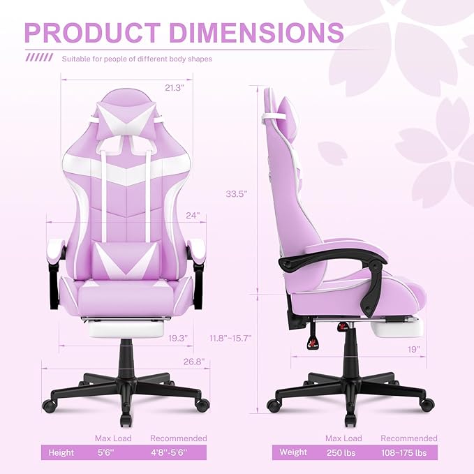 Soontrans Light Purple Gaming Chair with FootrestLovely Cute Bunny Computer Gamer ChairKawaii Desk Chair for GranddaughterSisterGirlfriendWife and Love