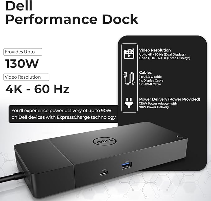 Dell WD19S Docking Station 130W (90W Power Delivery) Dell Docking Station for Laptop with 130W Power Adapter + HDMI + DisplayPort + USB-C Cable + Microfiber Cloth (Renewed)