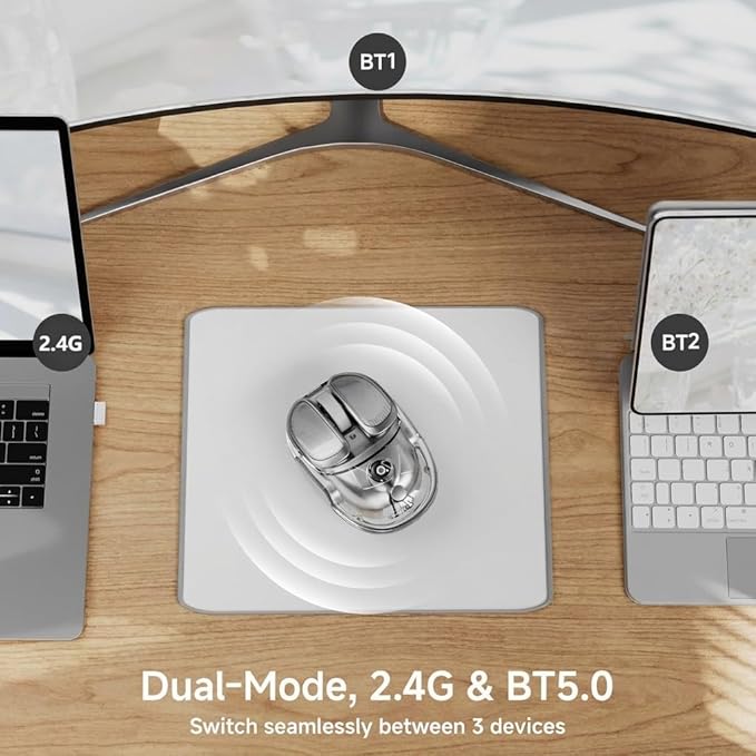 EWEADN Q9 Wireless Clear Mouse Dual Mode Bluetooth &amp 2.4G USB Computer Mouse with RGB Lighting Silent Clicks Multi-Device Compatibility for Laptop PC MacBook iPad Cute Mouse-Sliver