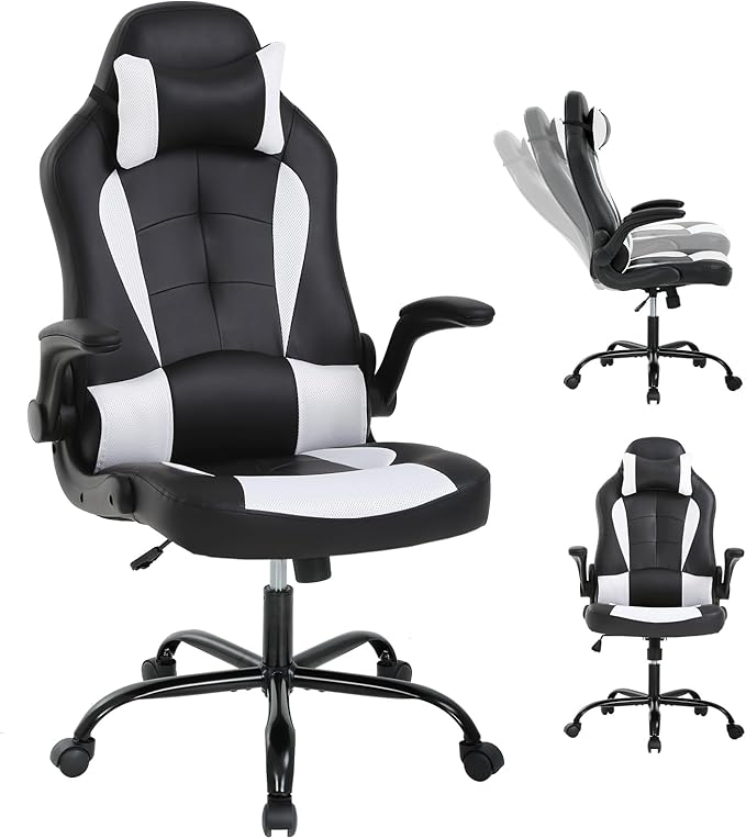 PC Gaming Chair - Ergonomic PC Office Chair w/Adjustable Lumbar Support &amp Headrest High Back PU Leather Computer Desk Chair for Adults (350lbs Capacity) (White)