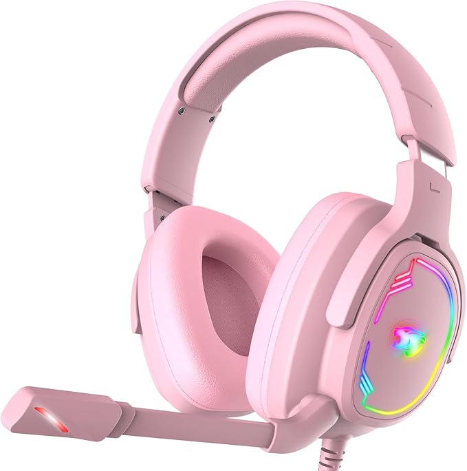 Gaming Headset for PC/PS4/PS5/Xbox One/Switch Stereo Surround Sound Gaming Headphones with Noise Canceling Flexible Mic Computer Headset with 3.5mm Jack &amp RGB Light (Pink)