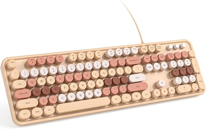 KNOWSQT Wired Computer Keyboard - Milk Tea Colorful Retro Full Size Round Keycaps Plug and Play Typewriter Cute Keyboards for Windows Laptop PC Desktop Computer