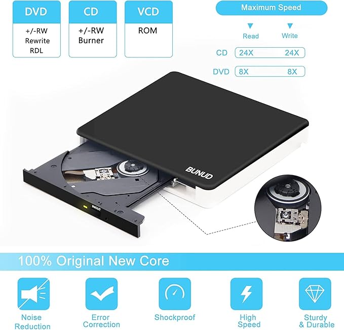 BUNUD External DVD Burner USB-C: Portable DVD External Drive for Apple Superdrive with 2 USB and TF/SD Slots - Plug &amp Play CD Drive External for Mac Laptop Windows 11