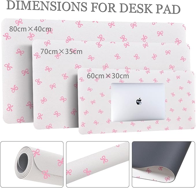 Cute Pink Bow Extended Gaming Keyboard Mouse Pad Non-Slip White Leather Home Office Desk Mat Protector Laptop Desk Pad Writing Pad