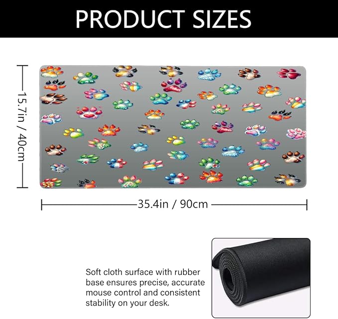 Large Cute Gray Paw Mouse Pad Waterproof Computer Extended Desk Protector Mat Non-Slip Rubber Base Mousepad for Office Computer Keyboard Laptop and Home Desk Mice Pad35.4x15.7 in