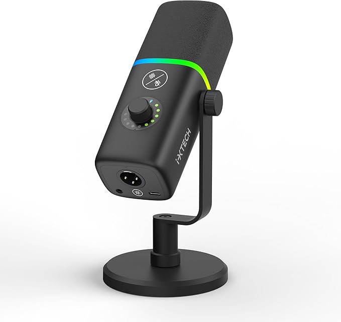 IXTECH Gaming USB Microphone for PC Noise Cancellation Condenser Mic for Podcasts and Video Streaming with Tripod Stand Pop Filter Shock Mount Gain Control RGB Lights Quiet Mute Button (Black)