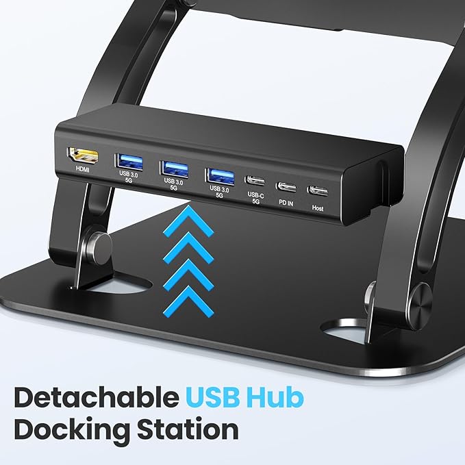 tounee Laptop Stand with Detachable USB-C Hub 100W PD Charging 4K@60Hz HDMI 3 USB Ports Ergonomic Laptop Holder Docking Station for 10-17 Laptops MacBook &amp More (Black)