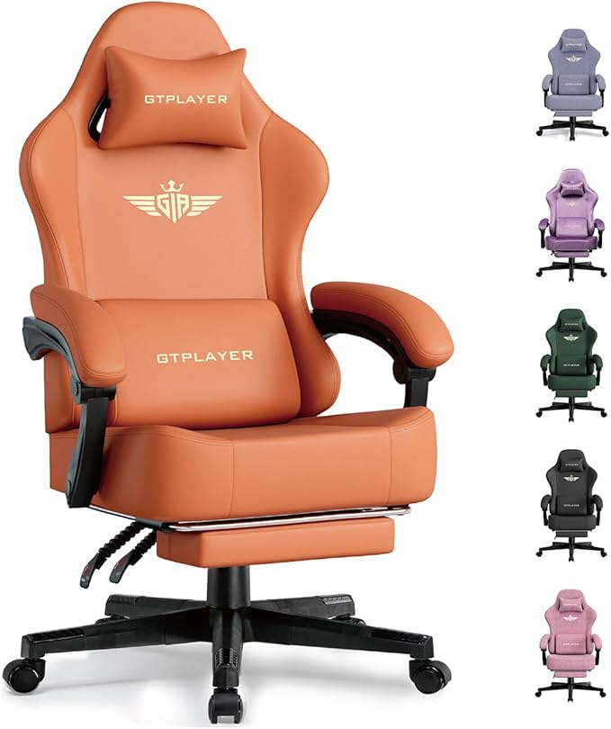 GTPLAYER Gaming Chair with Pocket Spring Cushion Big and Tall Gamings Chairs 350LBS High Back Computer Chair with Footrest for Adults Lumbar Support Swivel Game Chair for Office Leather Orange