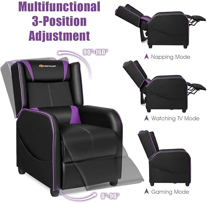 LDAILY Massage Recliner Chair Racing Style Gaming Chair w/Massage Lumbar Cushion Footrest &amp Headrest Ergonomic PU Leather Single Recliner Sofa for Living Room Home Office (Purple)
