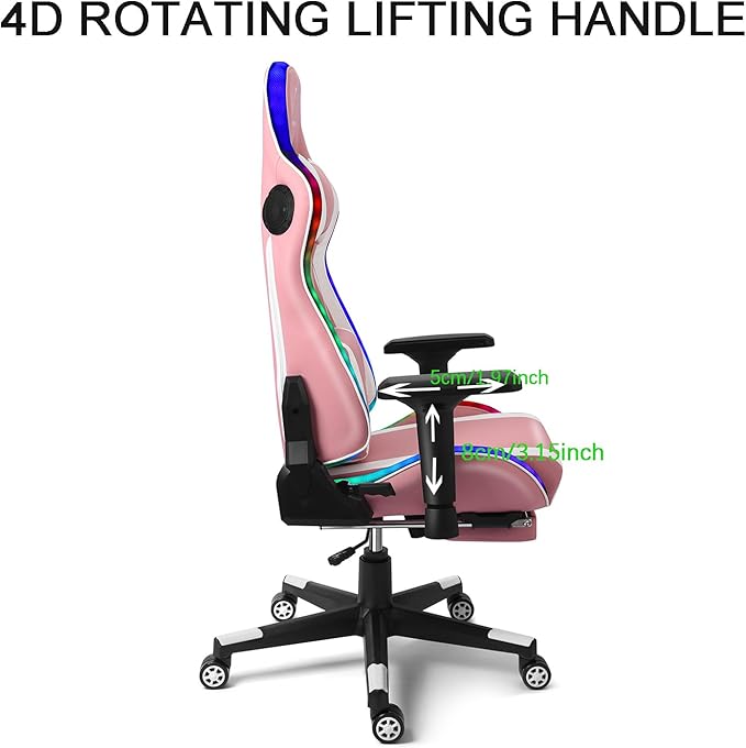 TBQATNTS LED Gaming Chair with Massage High Back PU Video Game Chair with Speakers Adjustable Lumbar Support and Headrest Reclining Computer Gaming Chair for AdultsPink